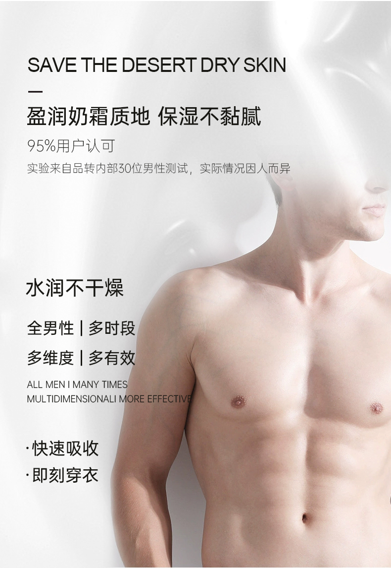 盈潤奶霜質(zhì)地，保濕不粘膩，獲得95%用戶認(rèn)可，實(shí)驗(yàn)來自品轉(zhuǎn)內(nèi)部30位男性測試，實(shí)際情況因人而異